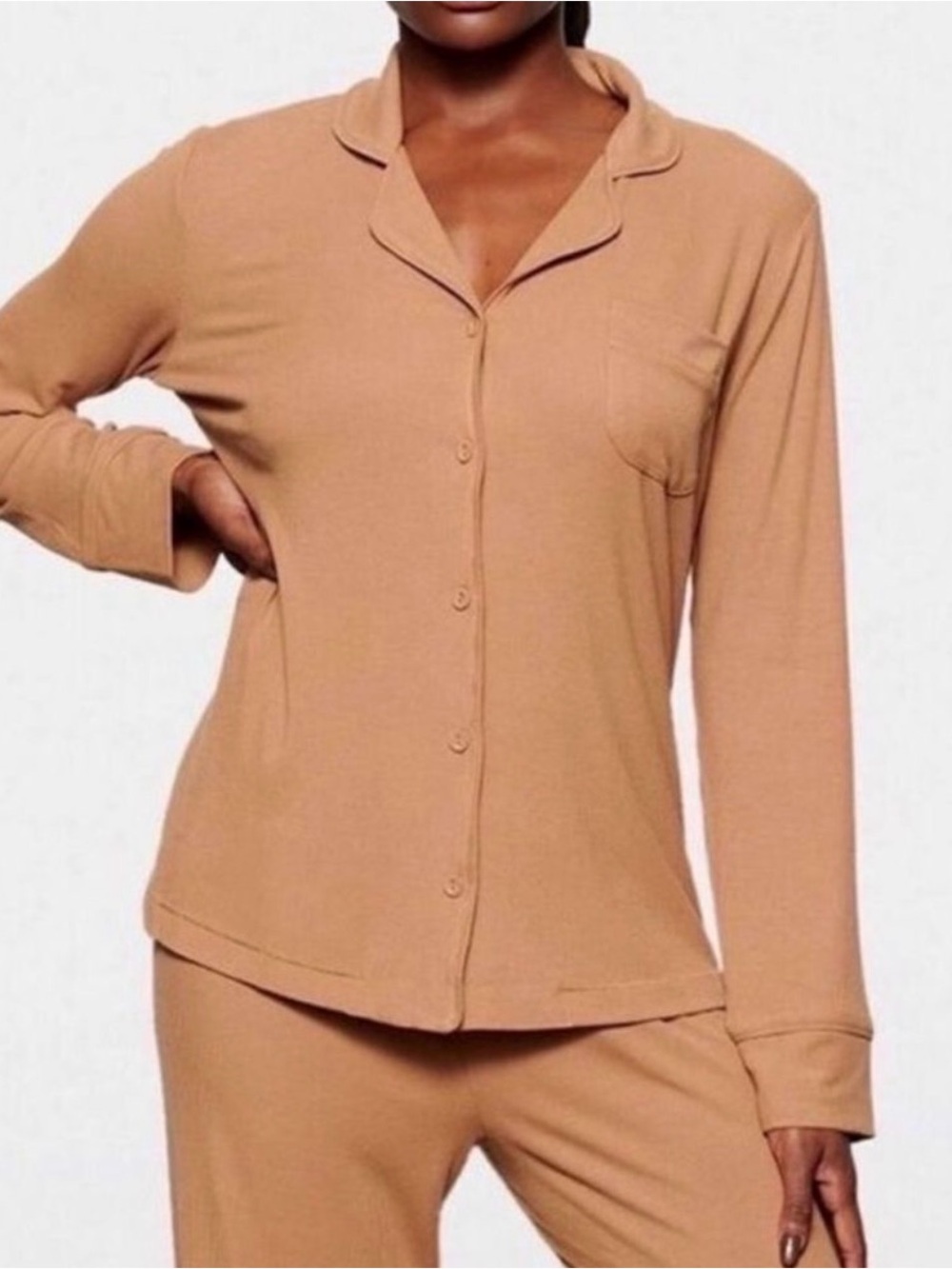 SKIMS Ribbed Pajama Top L Camel Brown Modal Quiet Luxury Lounge Sleep Shirt K76